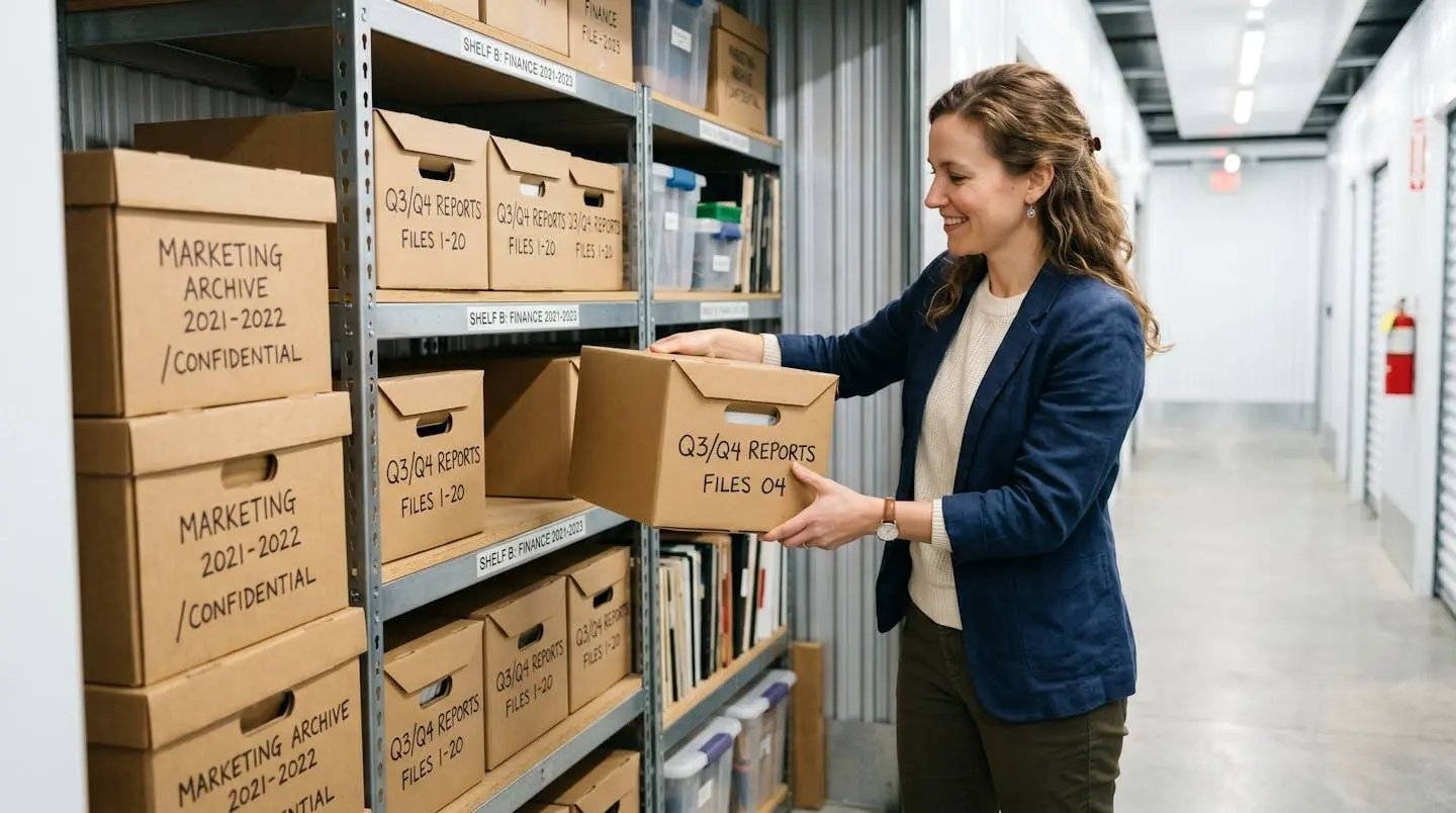 Une femme freelance déposant des cartons d'archives professionnelles dans un box de stockage bien rangé et éclairé