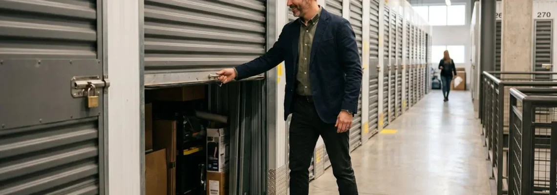 Un gérant de PME accédant à son box de stockage professionnel sécurisé, rangées de boxes fermés en arrière-plan