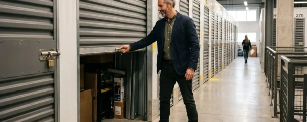 Un gérant de PME accédant à son box de stockage professionnel sécurisé, rangées de boxes fermés en arrière-plan