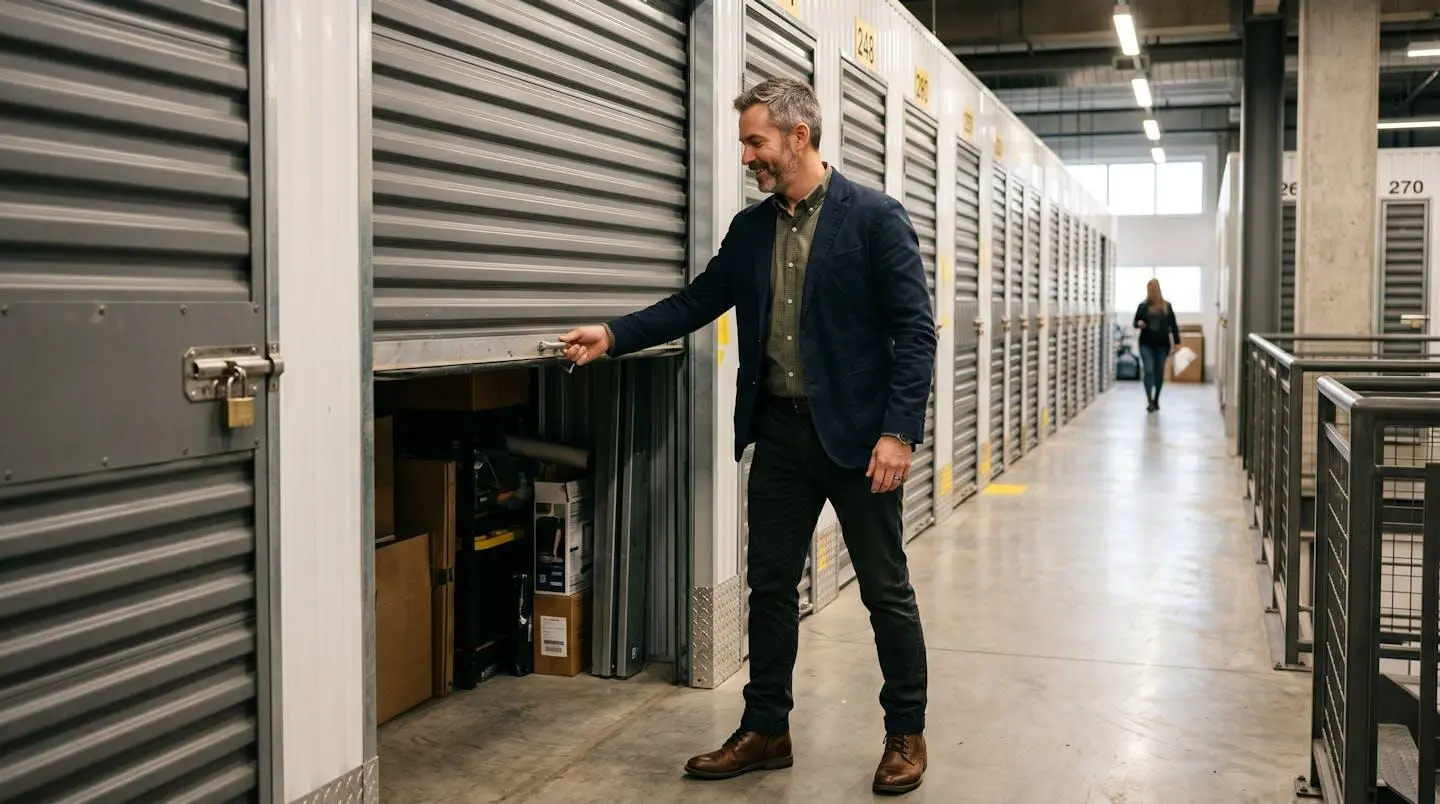 Un gérant de PME accédant à son box de stockage professionnel sécurisé, rangées de boxes fermés en arrière-plan