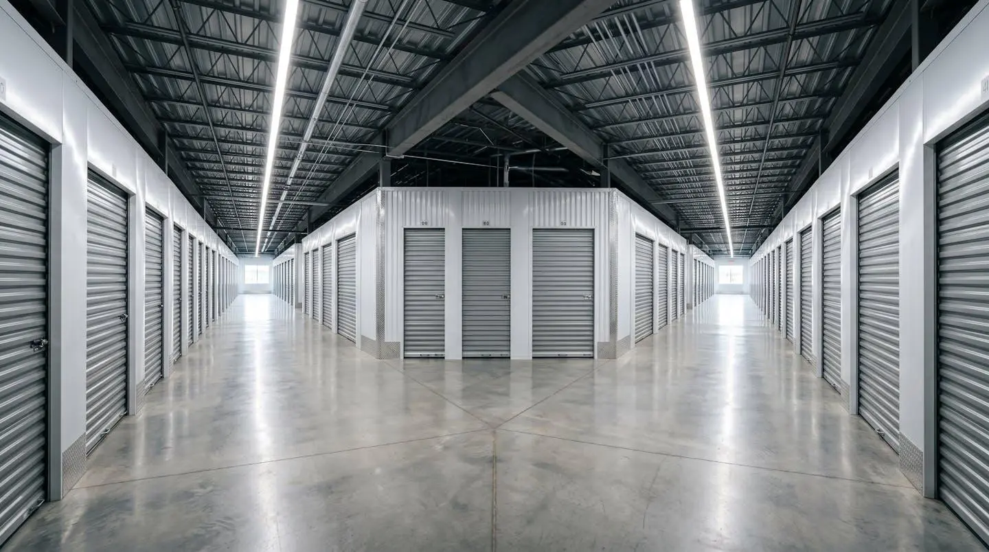 Vue sur deux rangées de boxes de self-stockage de différentes tailles dans une installation moderne et bien éclairée
