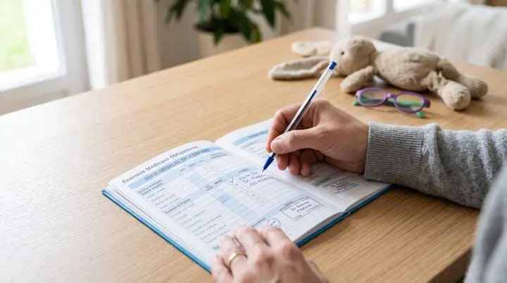 Carnet de santé français ouvert sur la page des examens visuels obligatoires, avec main de parent annotant les dates de dépistage