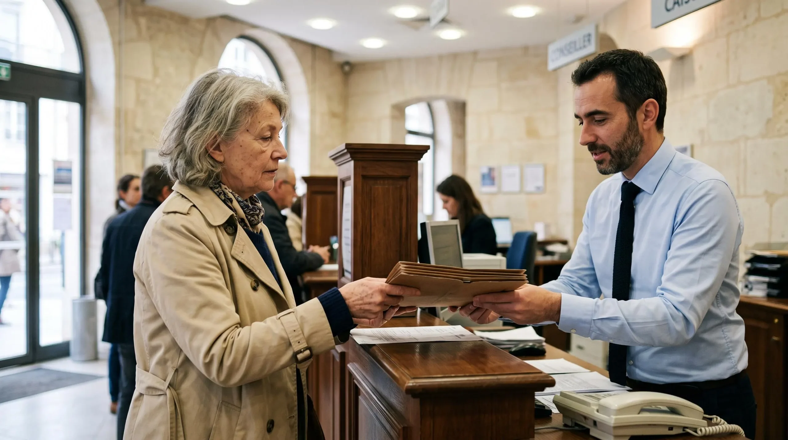 Femme senior remettant un dossier de documents à un employé de banque au comptoir d'une agence française.