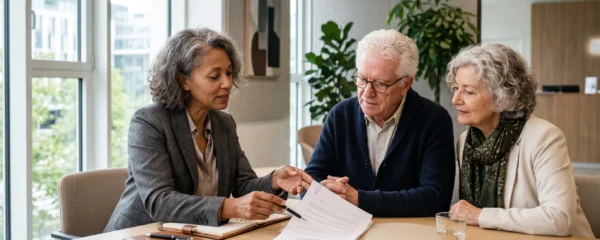 Conseillère financière expliquant un contrat d'assurance vie à un couple de seniors dans un bureau bancaire en France.