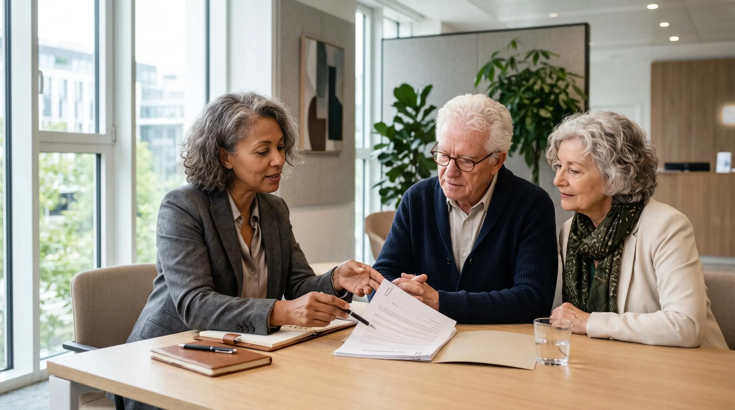 Conseillère financière expliquant un contrat d'assurance vie à un couple de seniors dans un bureau bancaire en France.