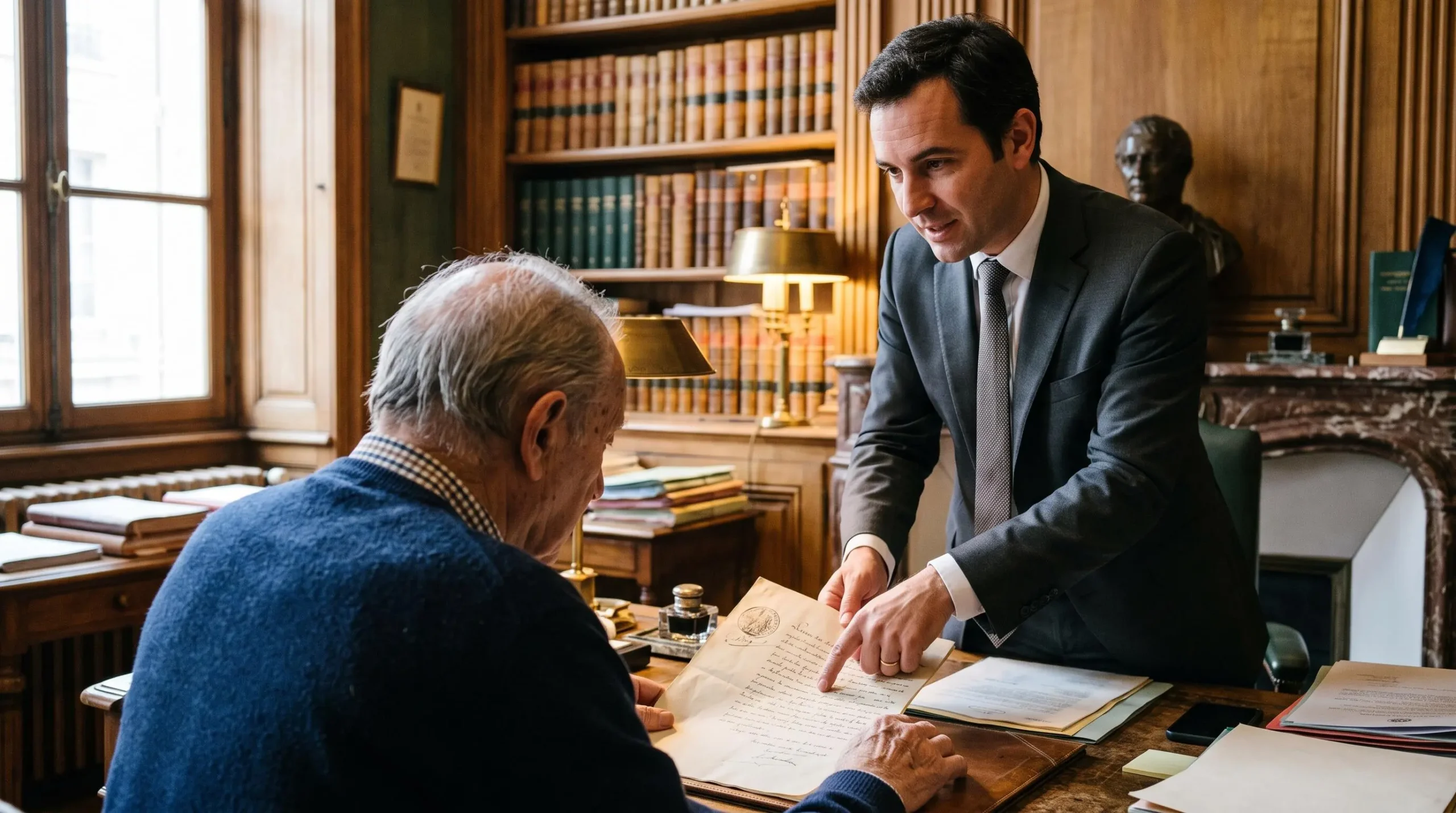 Notaire expliquant un acte de donation à un homme âgé dans une étude notariale française.