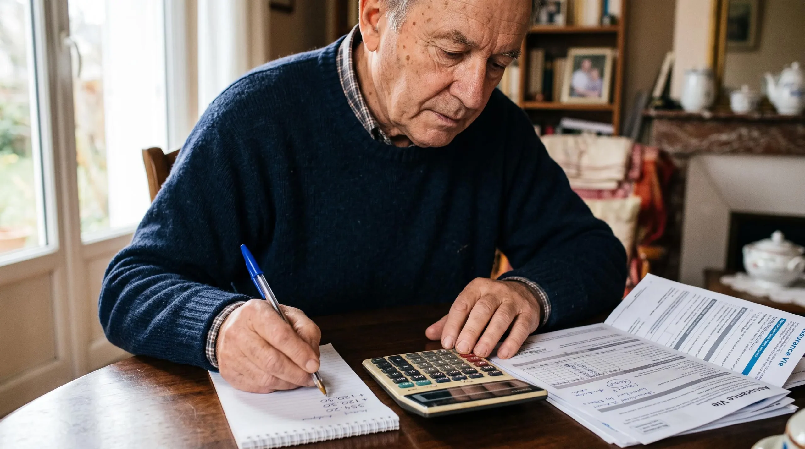 Homme senior calculant des montants sur un bloc-notes avec une calculatrice à sa table de cuisine.