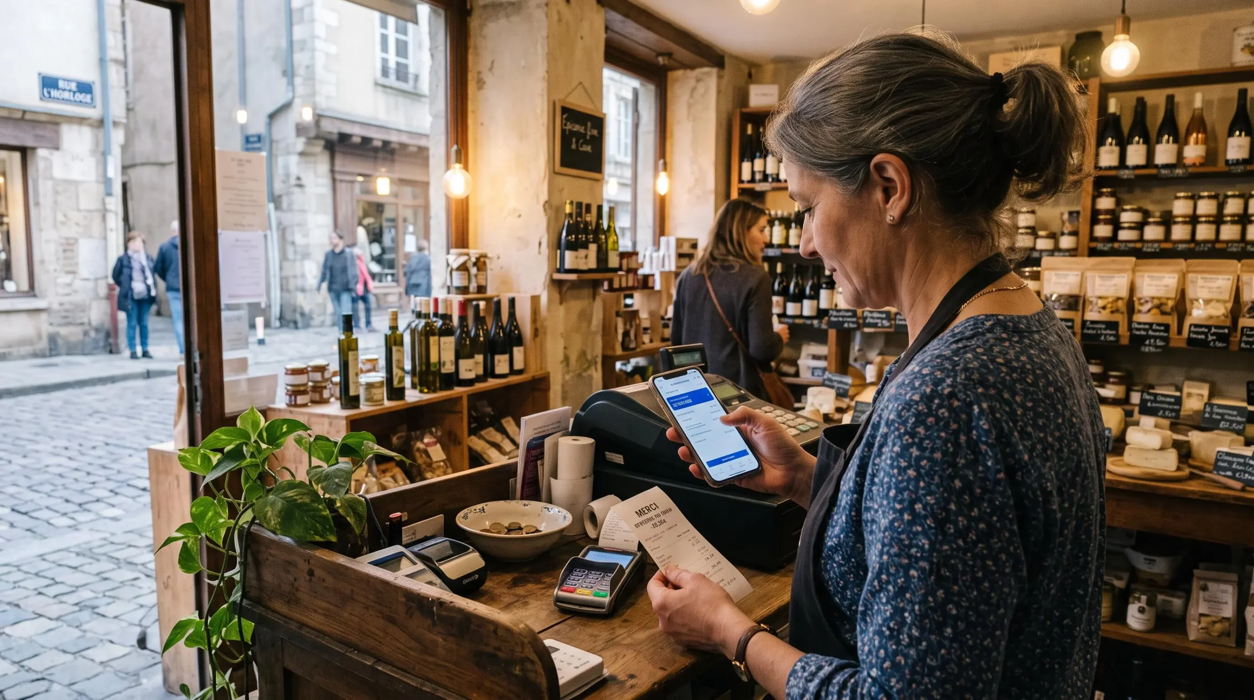Une commerçante consulte son application bancaire mobile à son comptoir.