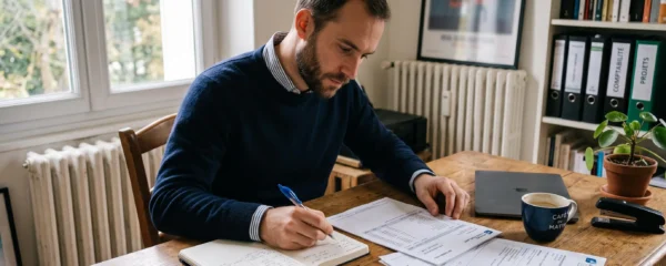 Un entrepreneur examine un relevé bancaire et son cahier de trésorerie dans son bureau.
