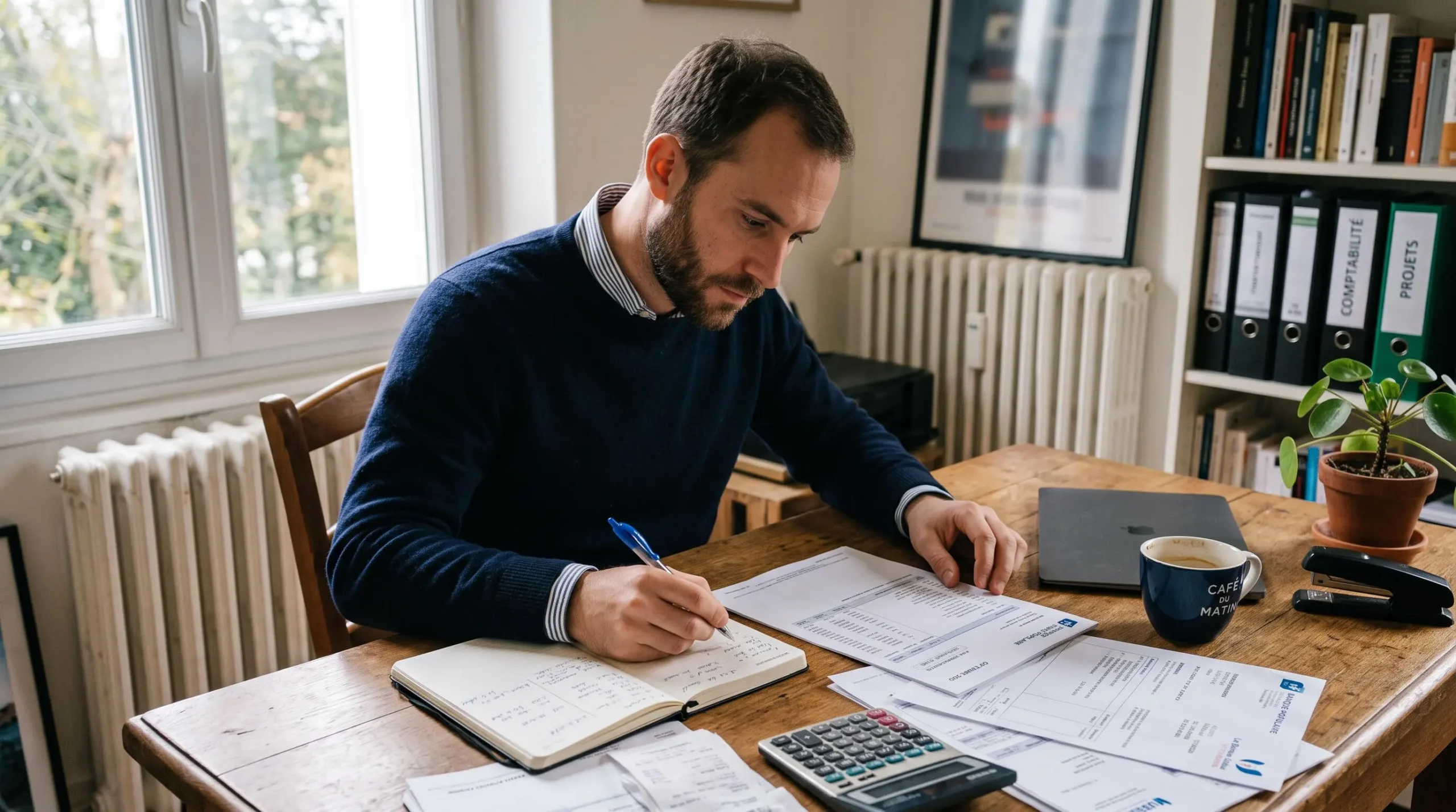 Un entrepreneur examine un relevé bancaire et son cahier de trésorerie dans son bureau.