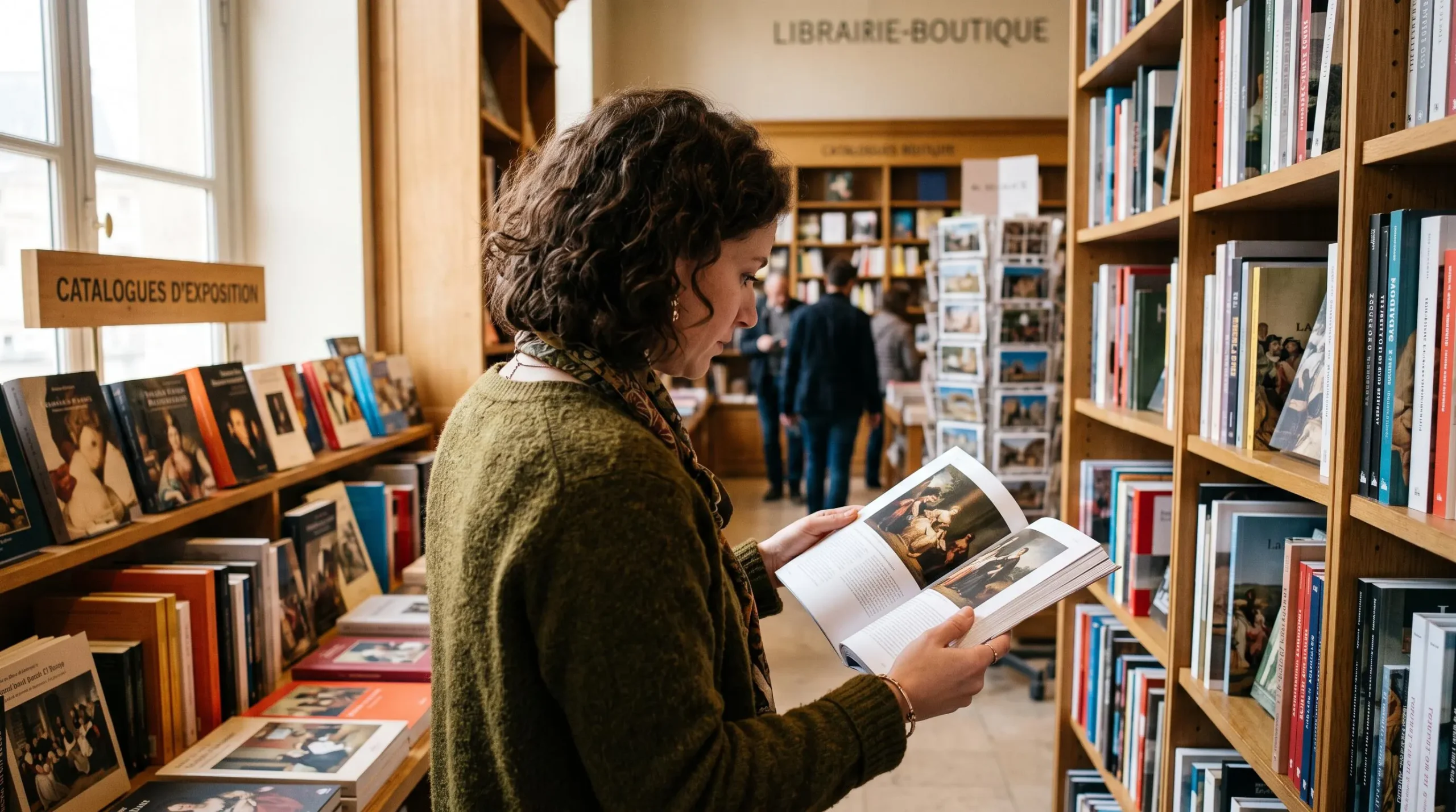 Une femme feuillète un catalogue d'exposition devant des rayonnages de livres d'art.