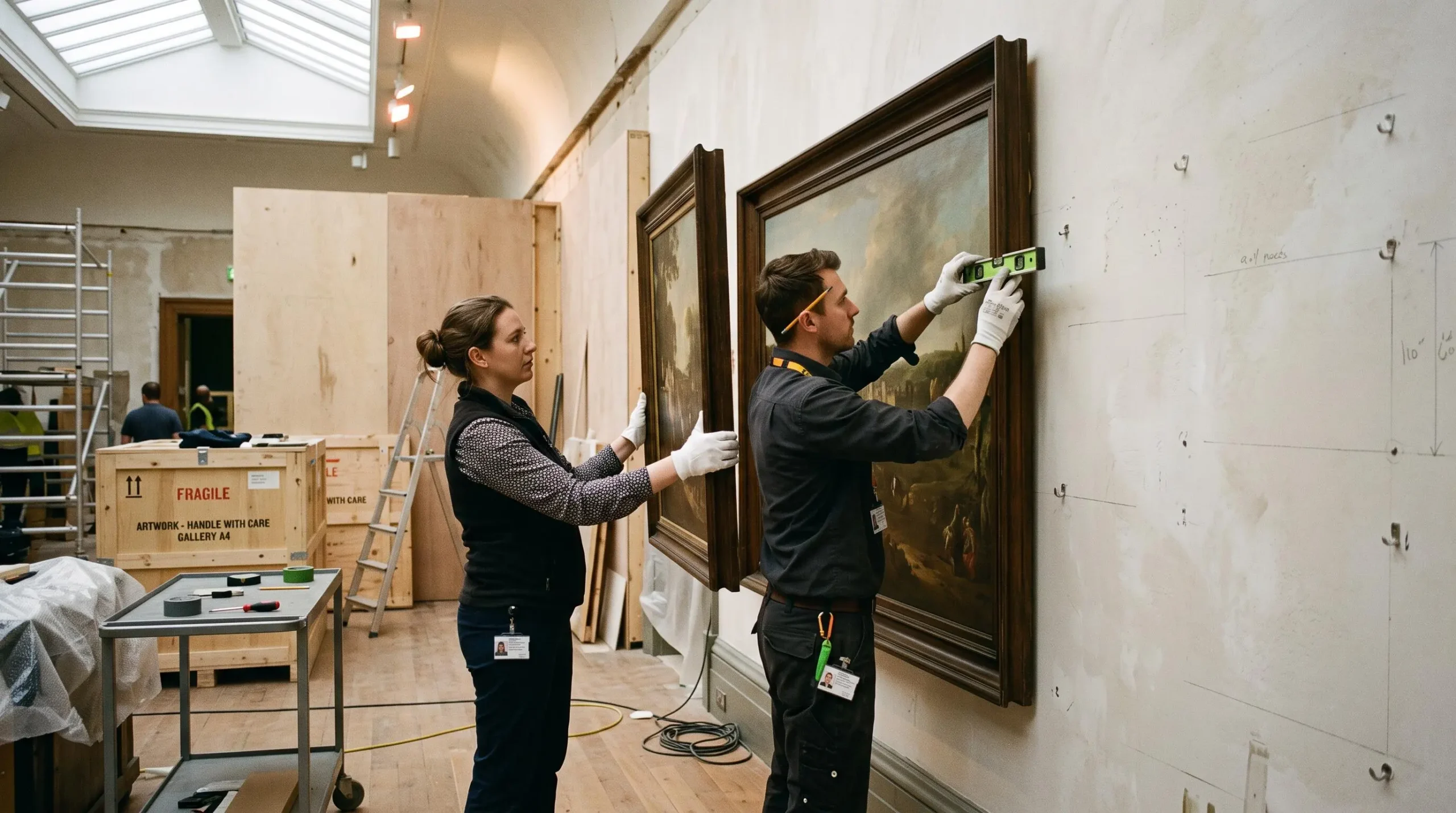 Deux techniciens avec des gants blancs accrochent un tableau sur un mur de galerie.