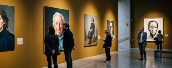 Des visiteurs observent des peintures exposées dans une galerie de musée éclairée.