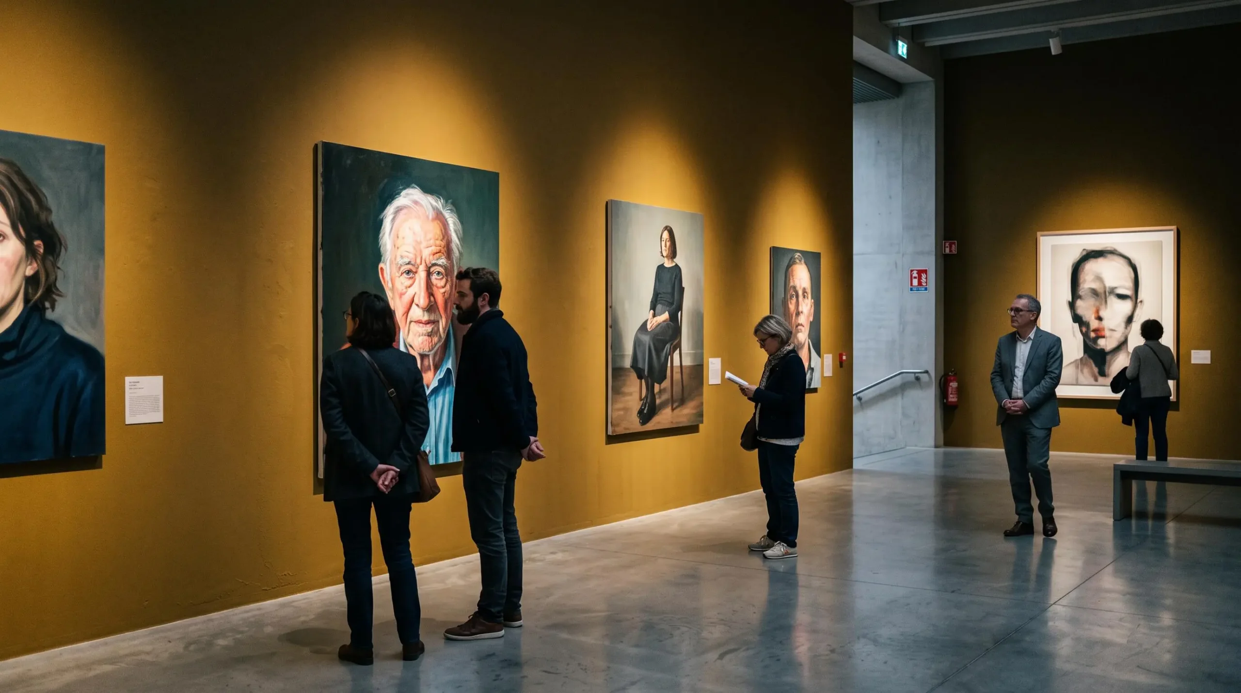 Des visiteurs observent des peintures exposées dans une galerie de musée éclairée.